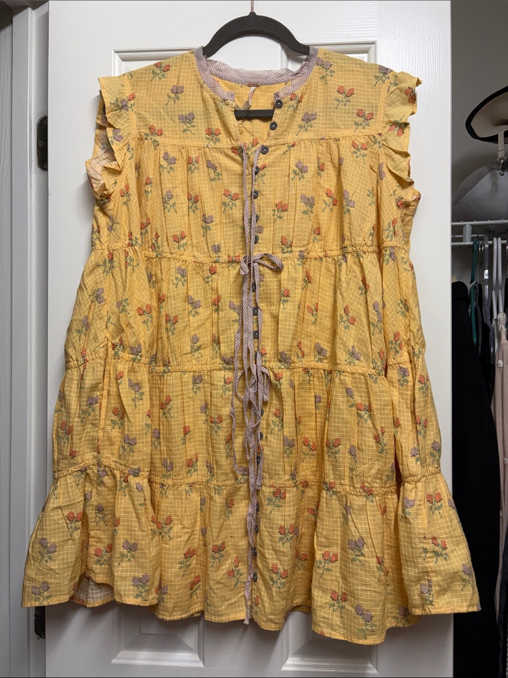 Free People Yellow Floral Tiered Mini with Lavender Trim